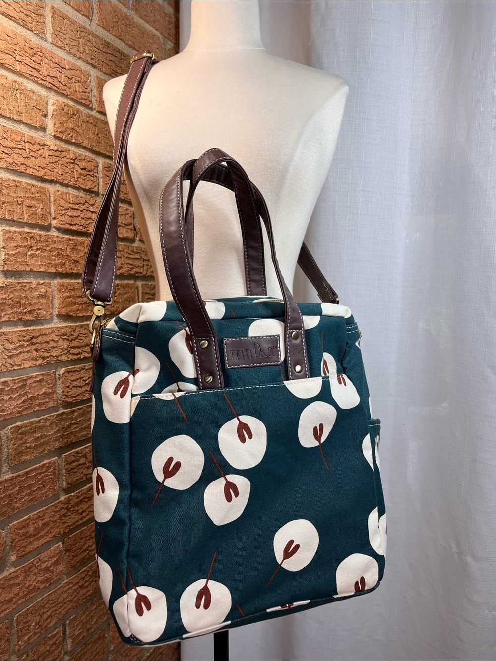 Maika Canvas Tote Bag Teal Floral Seed Pod Print Crossbody Shoulder Bag
